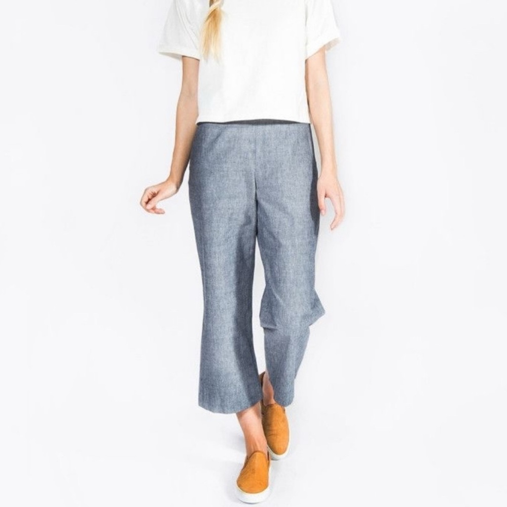 Apiece Apart Marco Cropped Wide Leg Trousers Blue Chambray Cotton 6 High-Rise